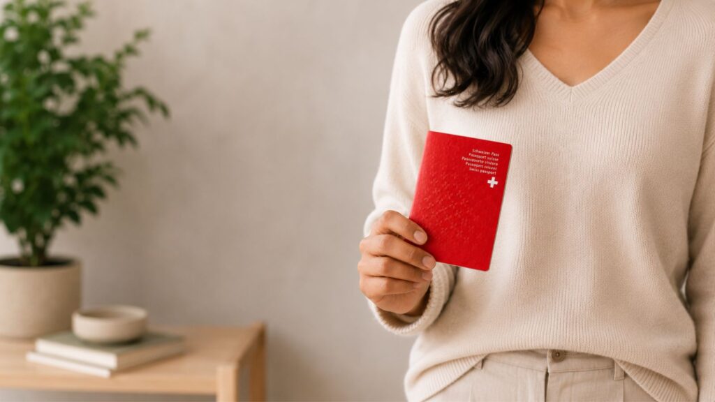 Woman holding a Swiss passport, illustrating the German level for Swiss citizenship