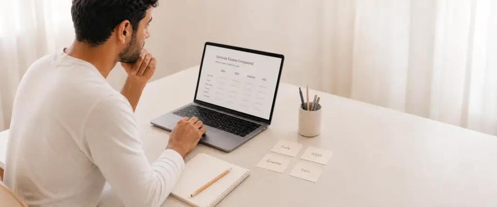 Man comparing German exam in Switzerland options: fide, SDS, Goethe and telc