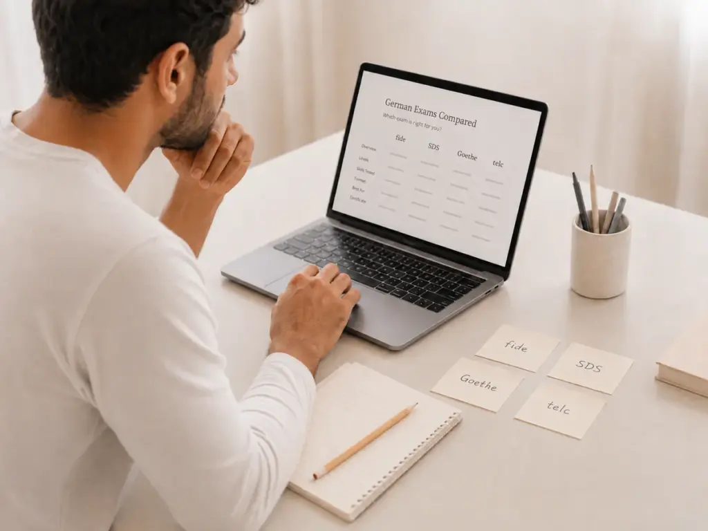 Man comparing German exam in Switzerland options: fide, SDS, Goethe and telc